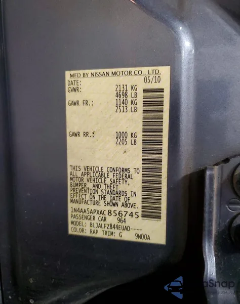 2010 Nissan Maxima S z USA, uszkodzony, nr VIN 1N4AA5APXAC856745